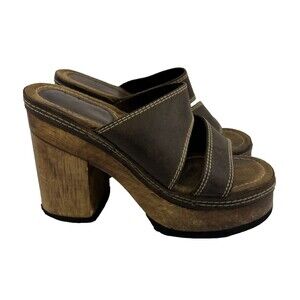 Candies Daria Sandal Chunky Wooden Heel Platform Brown Leather Vintage Strappy 8